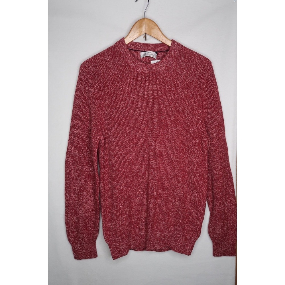 Brunello Cucinelli Ribbed Sweater Mens 50 Cotton Linen Crewneck Red Italy NWT - Picture 4 of 12
